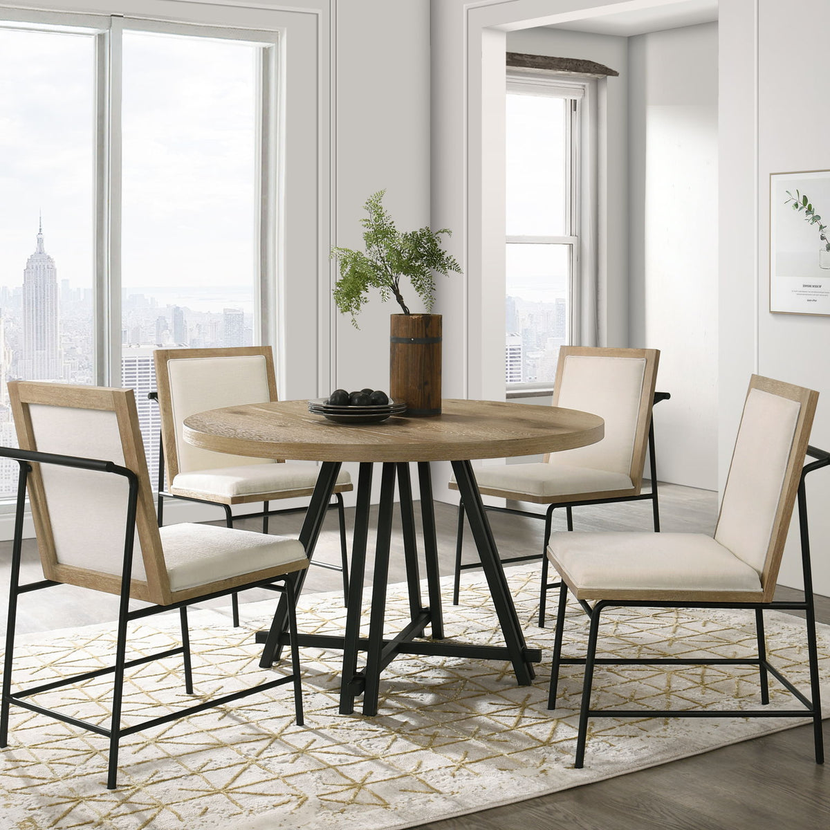 Tate - Round Dining Table With Cream Color Upholstered Chairs (Set of 5) - Oak Finish