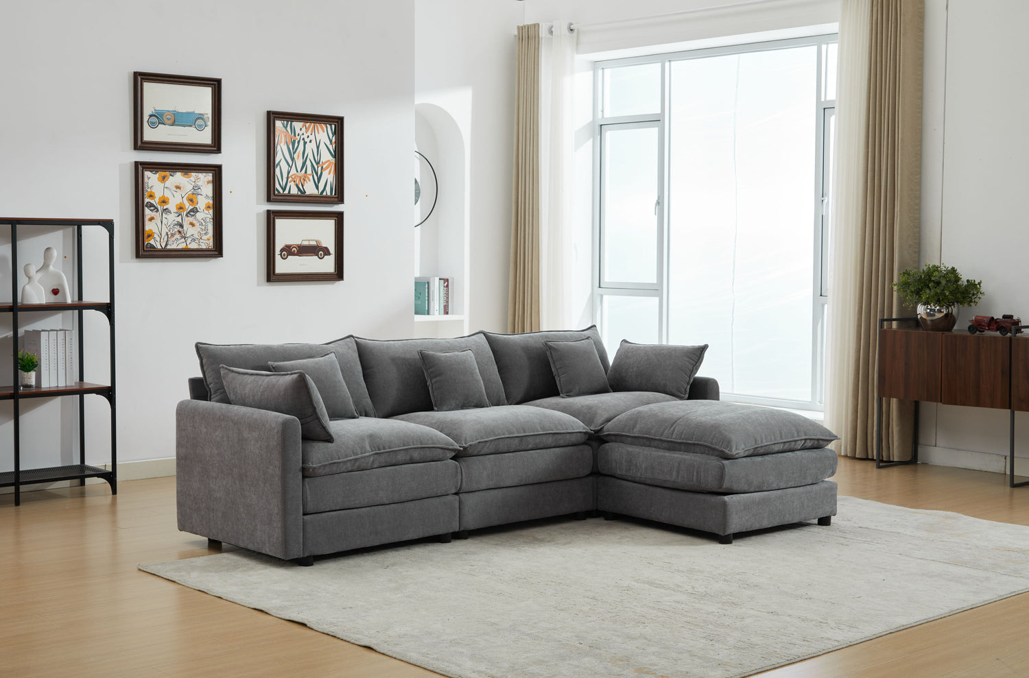 Modular Sectional Sofa, 3-Seater Sofa with Ottoman, Modern L-Shaped Sofa for Living Room Bedroom Apartment