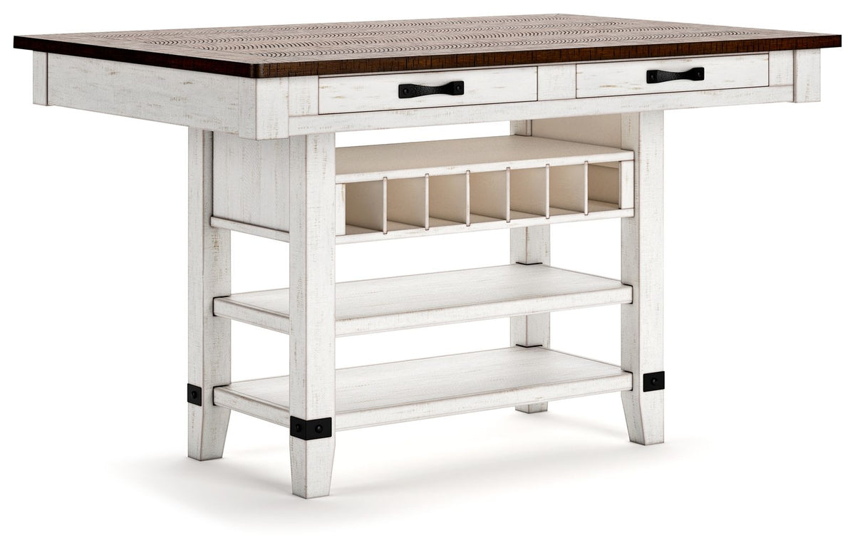 White dining room counter table with dark top, wine rack shelf and drawers