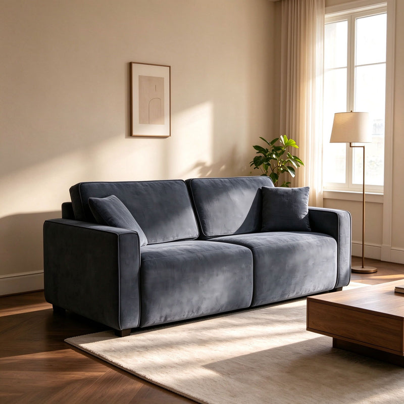 Blue pull-out sofa bed with two seat sections and three back cushions