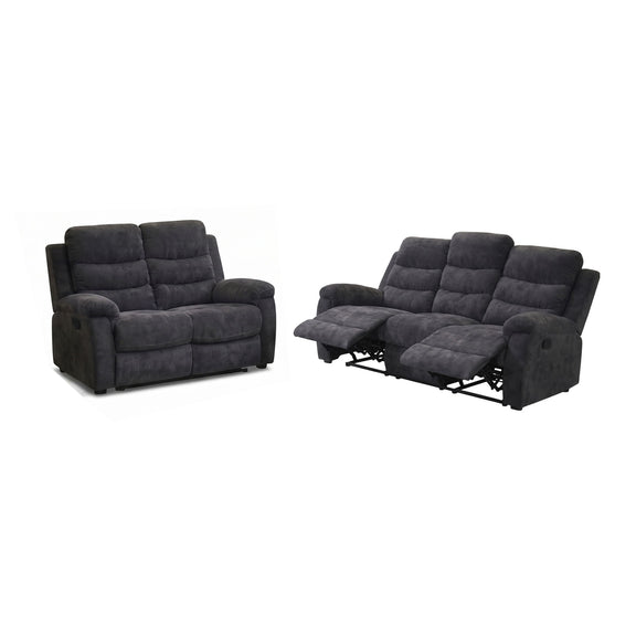 Dark gray reclining sofa and loveseat set, padded armrests and seat cushions