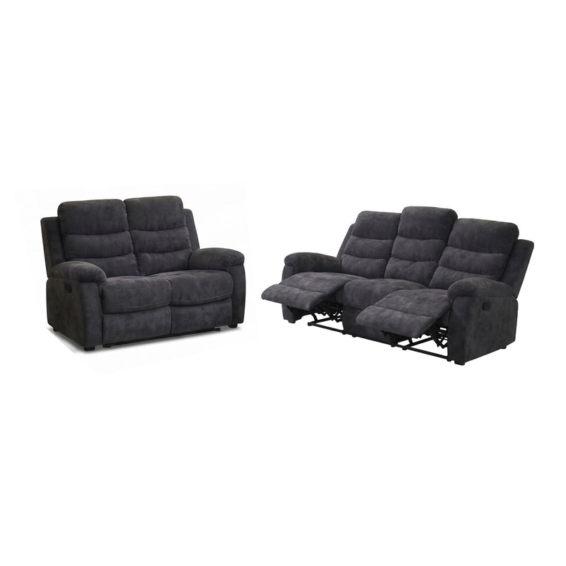 Dark gray reclining sofa and loveseat set, padded armrests and seat cushions