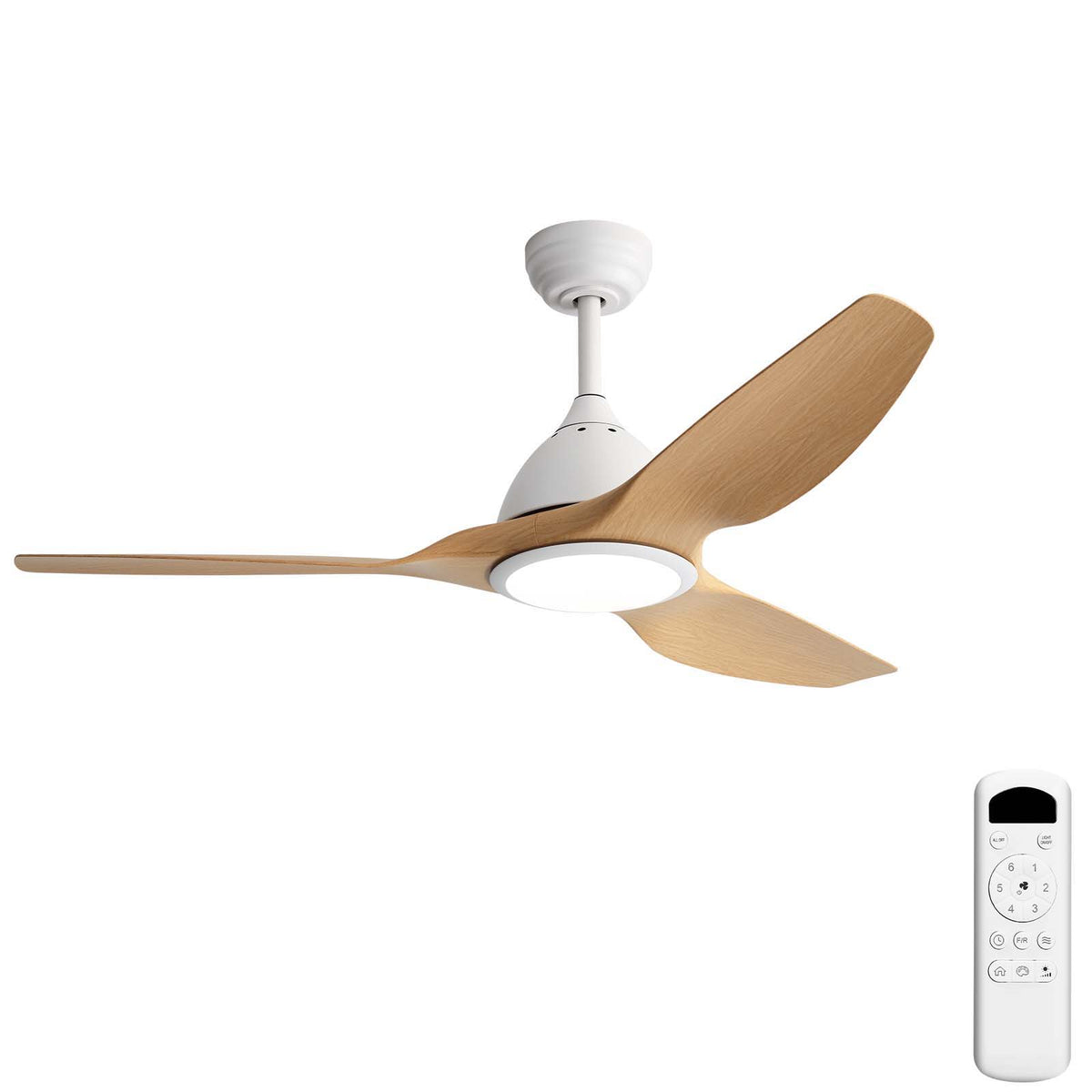 White ceiling fan with LED light, light wood reversible blades, plus handheld remote