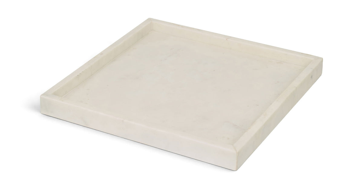 White marble tray with smooth flat square surface and subtle stone veining