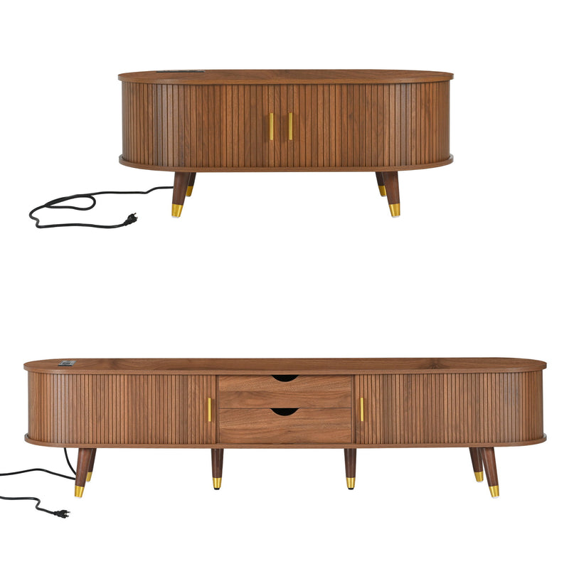 Wood TV stand and round coffee table set with drawer storage and charging cable