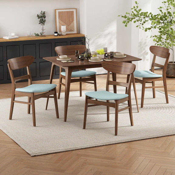 Walnut dining set with 4 chairs and table, mint cushioned seats