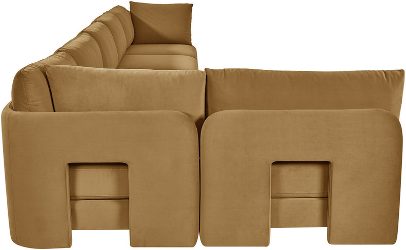Beige velvet L-shaped armless sectional sofa with 6 modular pieces