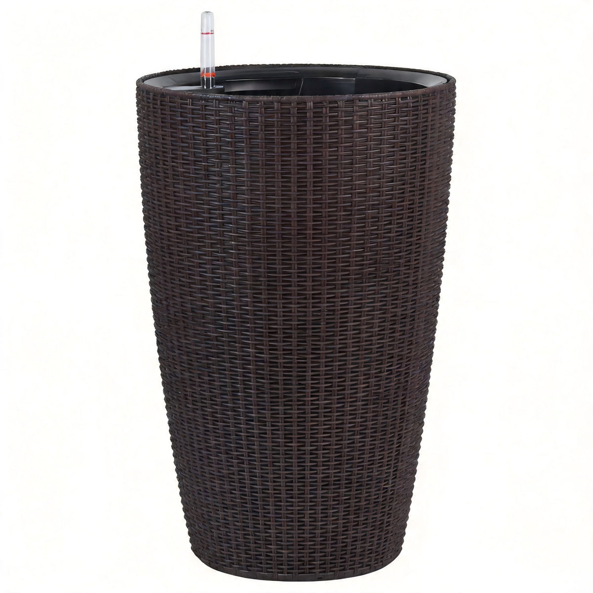 Dark brown tall woven self-watering planter with clear water level tube on top