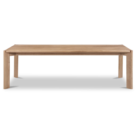 Large rectangular dining table in natural brushed oak, straight-on view