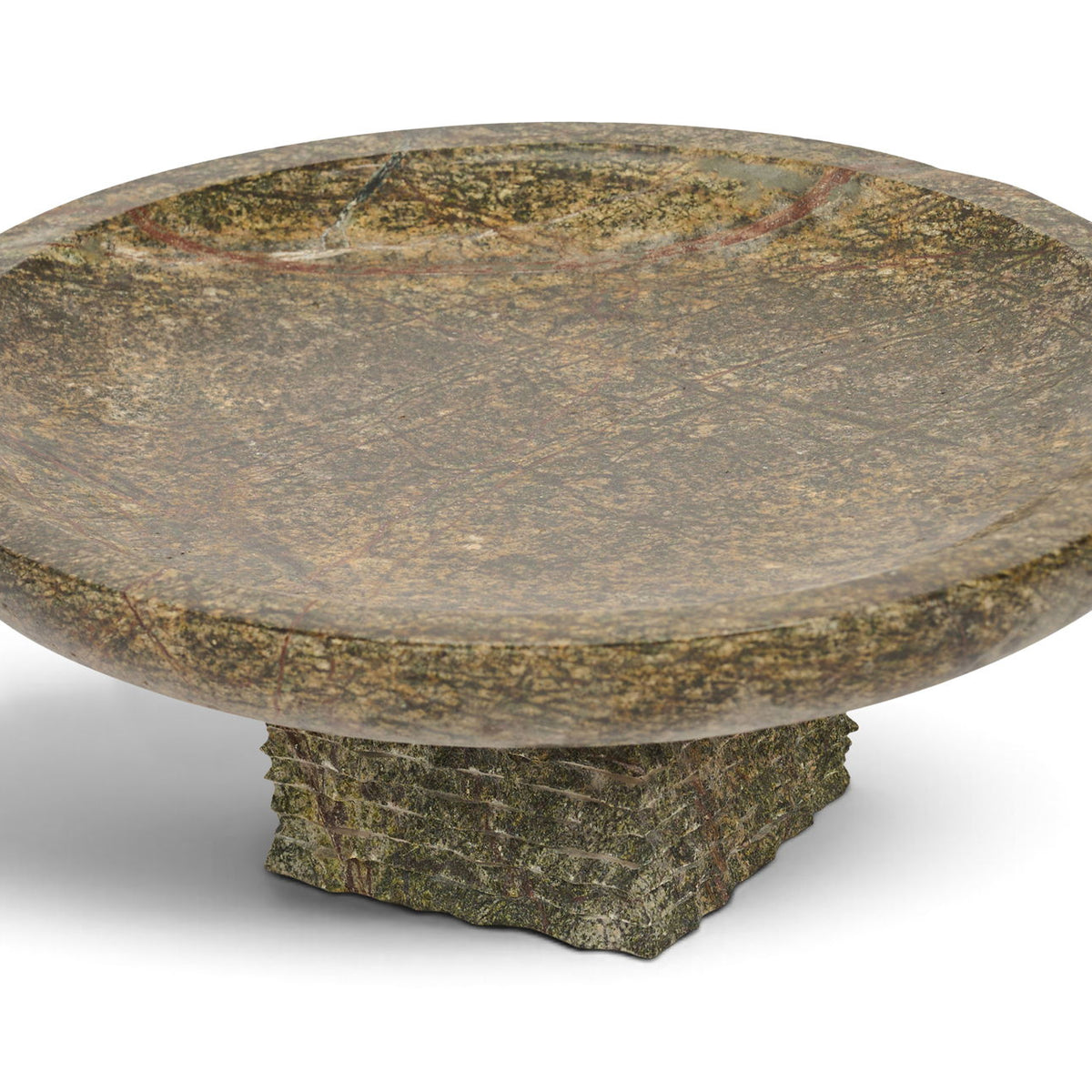 Green marble bowl with mottled round dish and stacked pedestal base