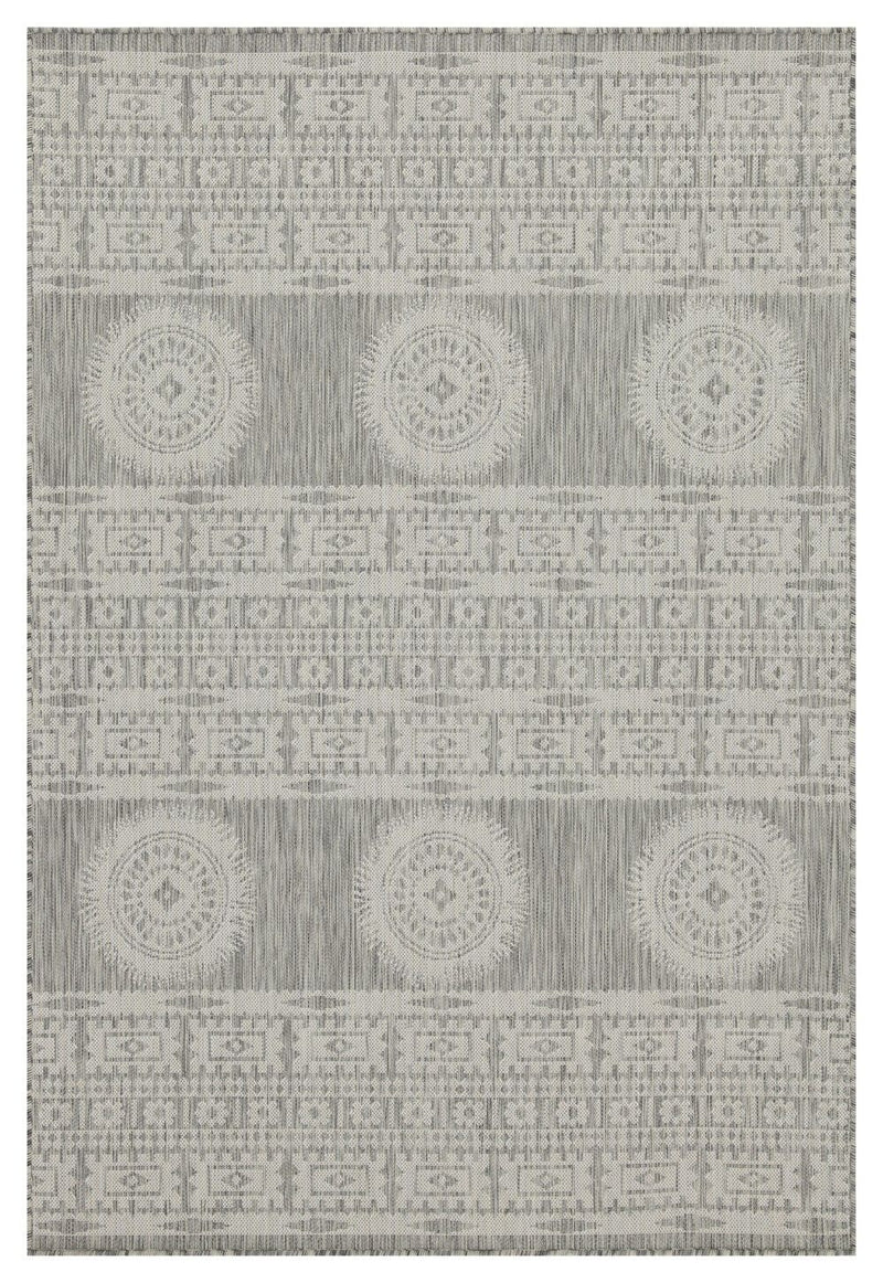 Light gray polypropylene area rug with circular medallion pattern and horizontal borders