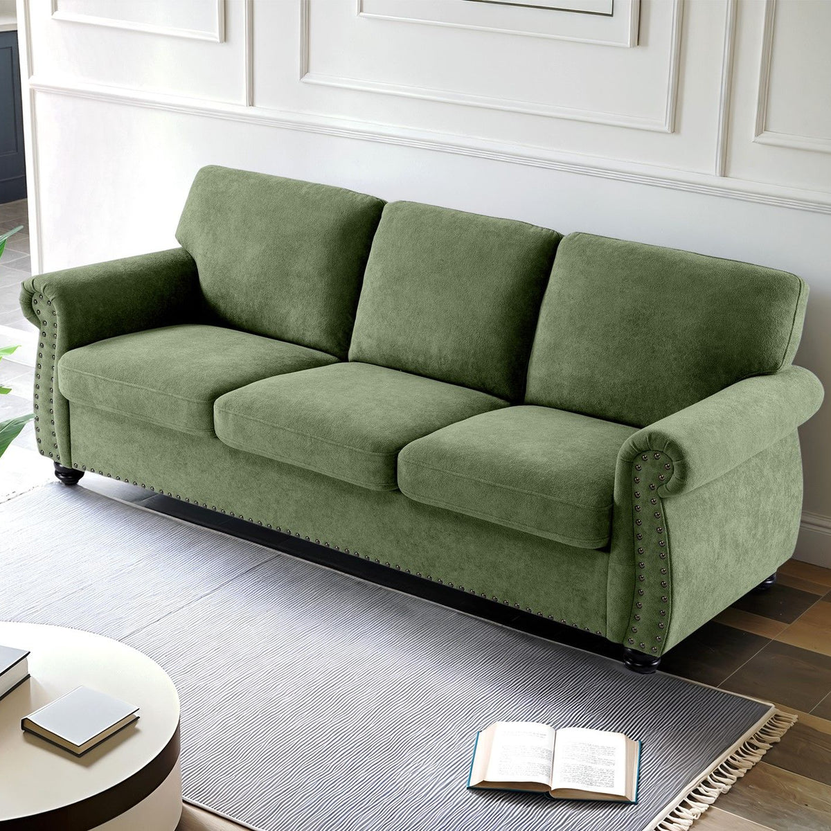 Soft Sofa, Upholstered 3 Seater Couch With High Density Foam, Loose Back Cushions And Turned Legs