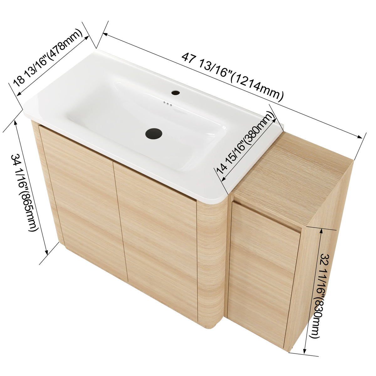 Light brown bathroom vanity with white sink and cabinet doors, single faucet opening