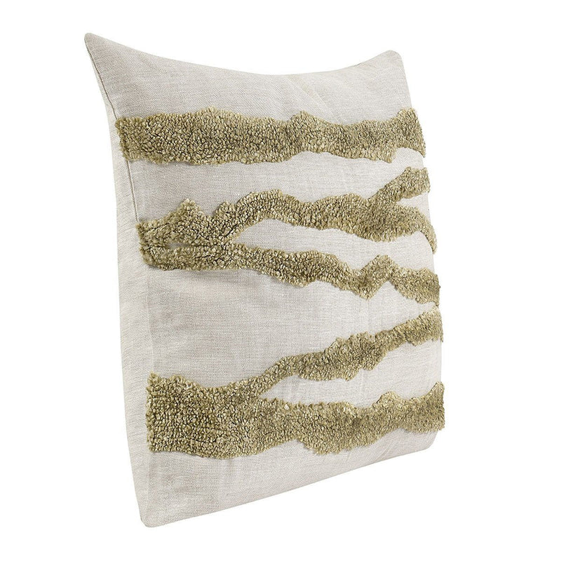 Decorative pillow with olive wavy textured stripes on light fabric