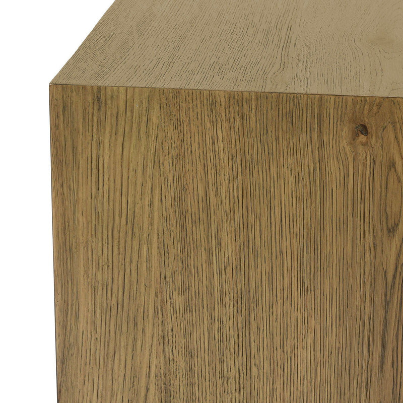 Square coffee table wood side edge with visible grain, light brown finish
