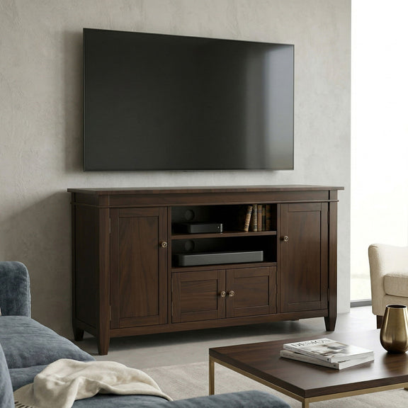Dark brown TV media stand with two cabinet doors and open center shelf storage