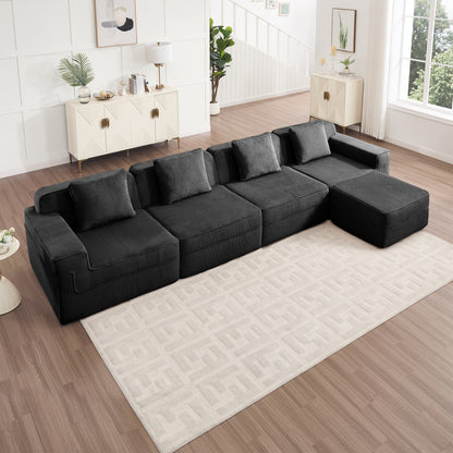 4-Seater Modular L-Shaped Corduroy Sectional Sofa - Black Corduroy