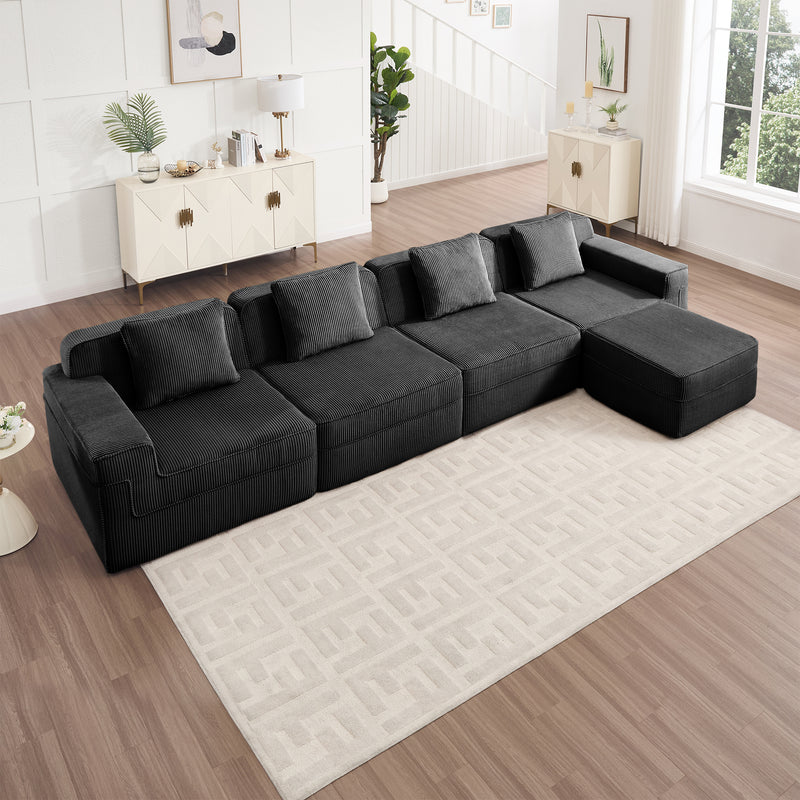 4-Seater Modular L-Shaped Corduroy Sectional Sofa - Black Corduroy