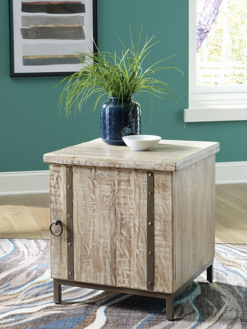 Whitewashed accent cabinet with shelf, barn-style metal corner brackets and door