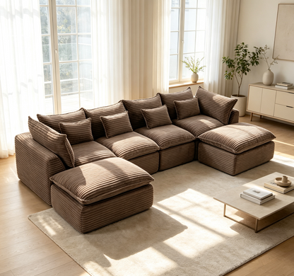 The Cloudrest 130' Chocolate Corduroy Modular Sectional with Dual Ottomans