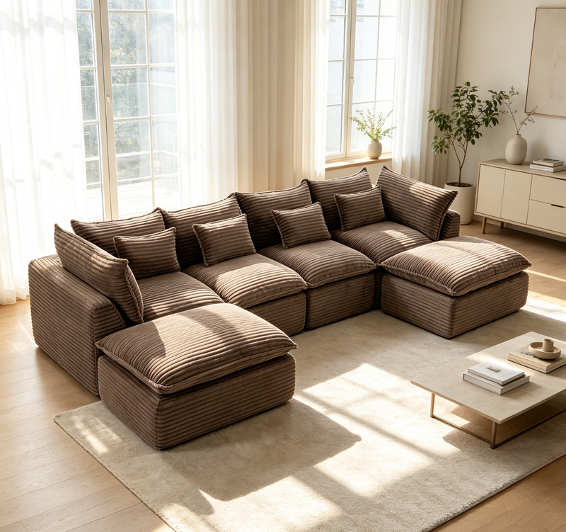 The Cloudrest 130' Chocolate Corduroy Modular Sectional with Dual Ottomans