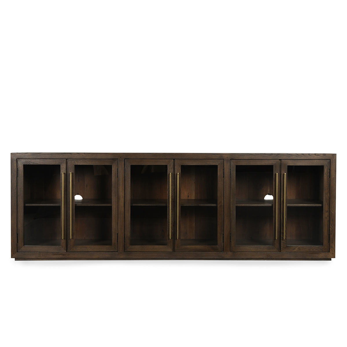 Dark brown solid wood cabinet with 6 glass-front doors and open interior shelves