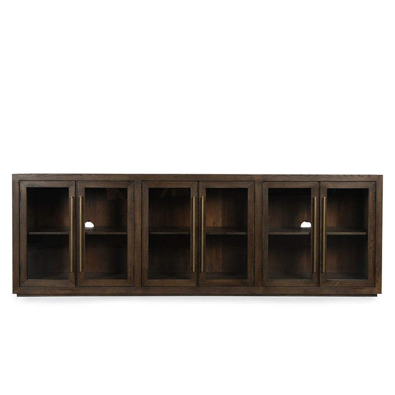 Dark brown solid wood cabinet with 6 glass-front doors and open interior shelves