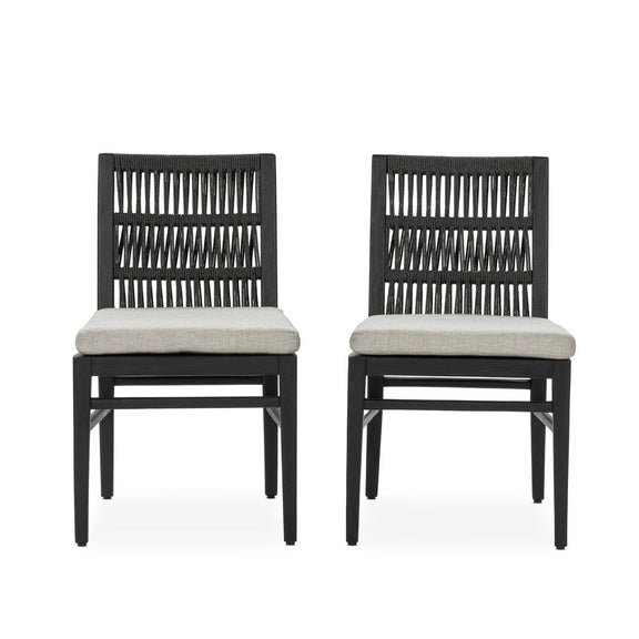 Set of 2 black outdoor dining chairs with slatted backs and beige seat cushions