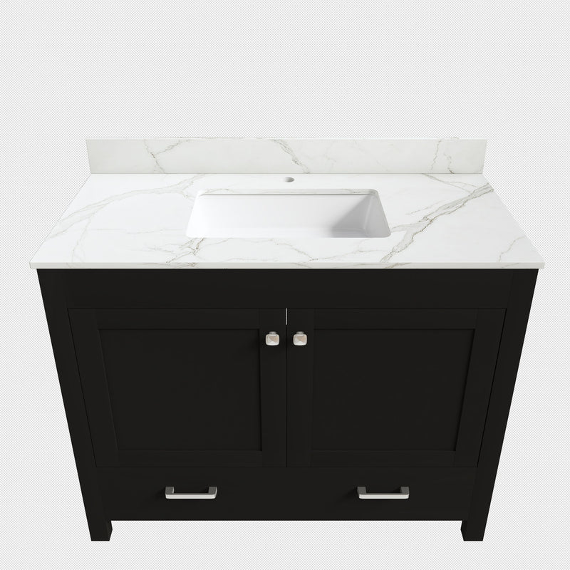 Black bathroom vanity cabinet with white countertop and single sink