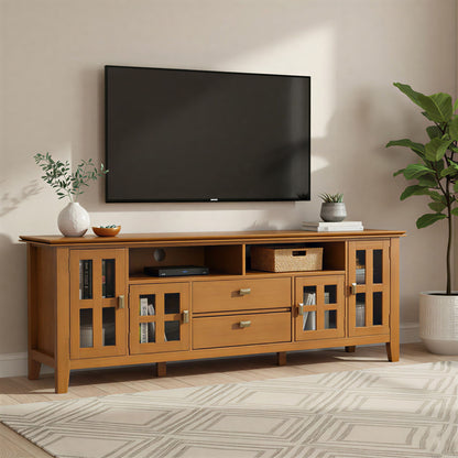 Light brown wood TV media stand with top drawers and glass-door side cabinets