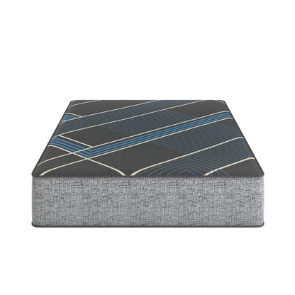 Dark gray firm mattress top with blue geometric stripe panel