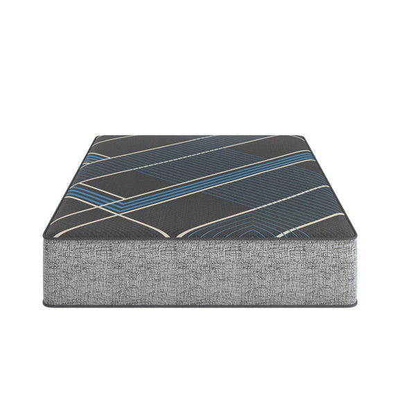 Dark gray firm mattress top with blue geometric stripe panel