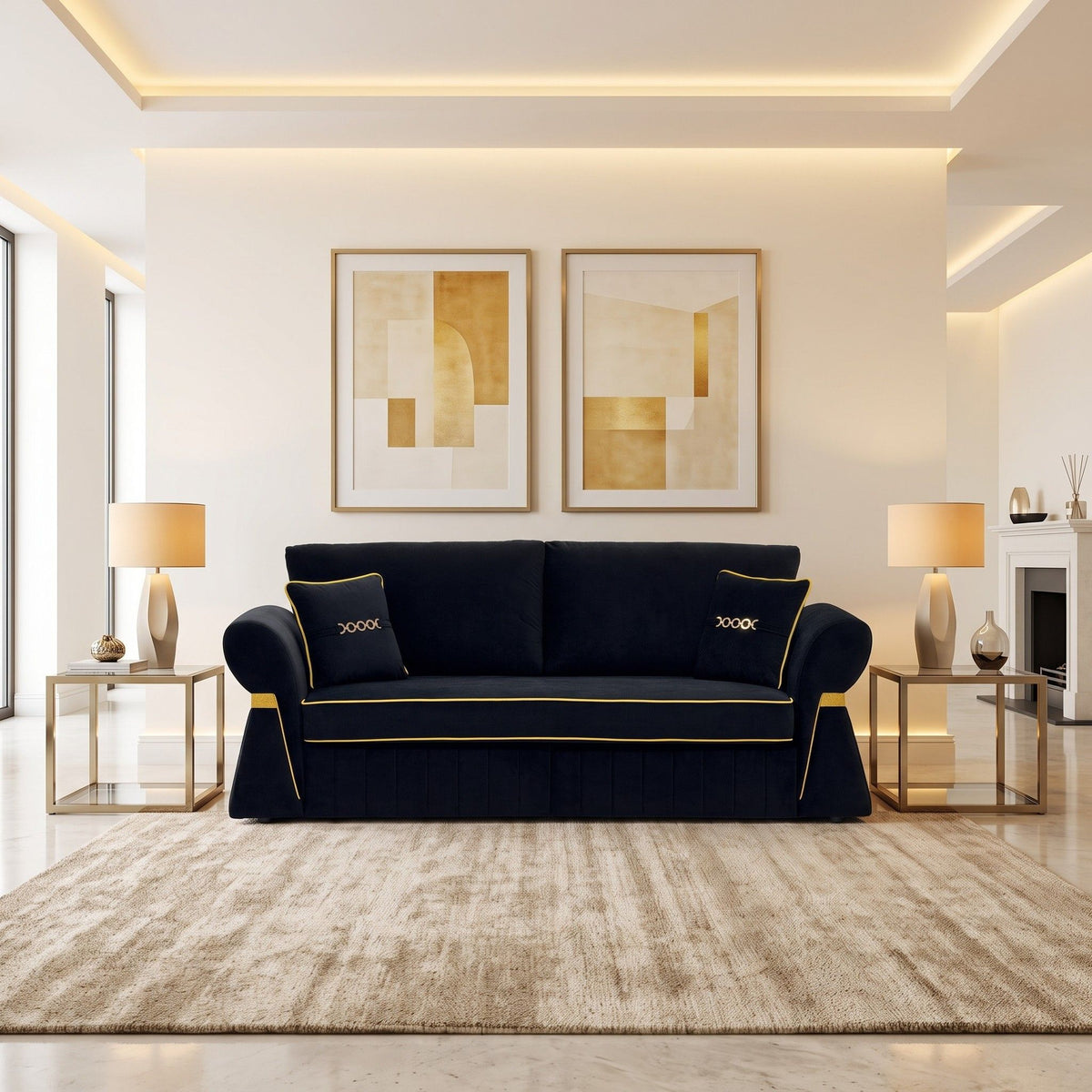 Front view of a dark navy three-seat sofa with gold trim and two accent pillows