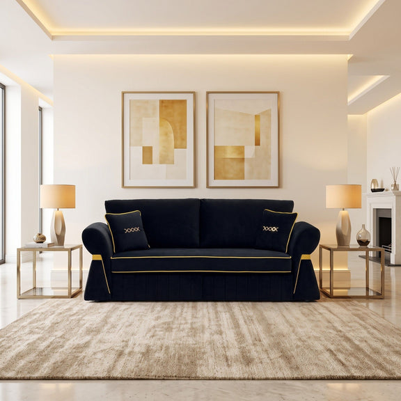 Front view of a dark navy three-seat sofa with gold trim and two accent pillows