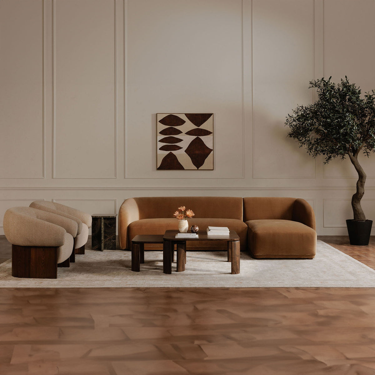 Framed abstract wall art with beige background and dark brown overlapping shapes