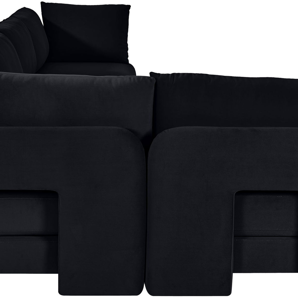 Black velvet sectional sofa with chaise and squared arm panels