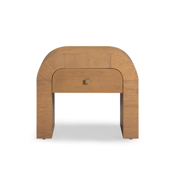 Light brown wooden nightstand with a single drawer and curved top corners