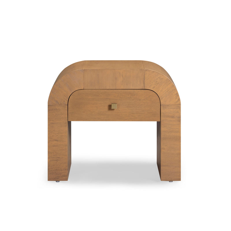 Light brown wooden nightstand with a single drawer and curved top corners