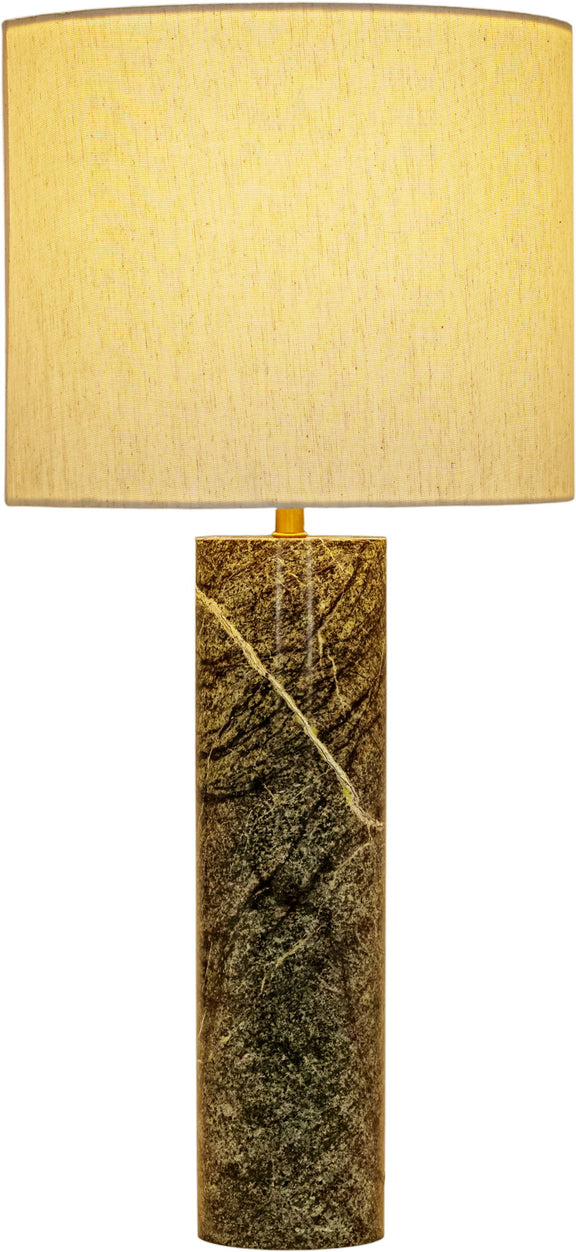 Textured fabric table lamp with yellow drum shade and gold-green marbled base