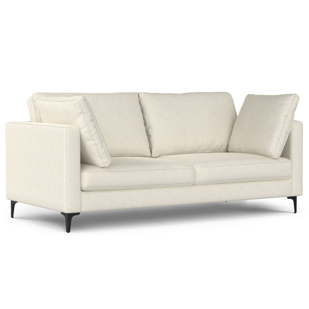 Beige mid-century upholstered sofa with two back cushions and rolled armrests.
