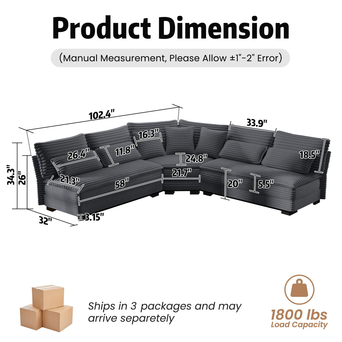 5 Seater L Shaped Sectional Sofa With Curved Corner, 7 Pillows