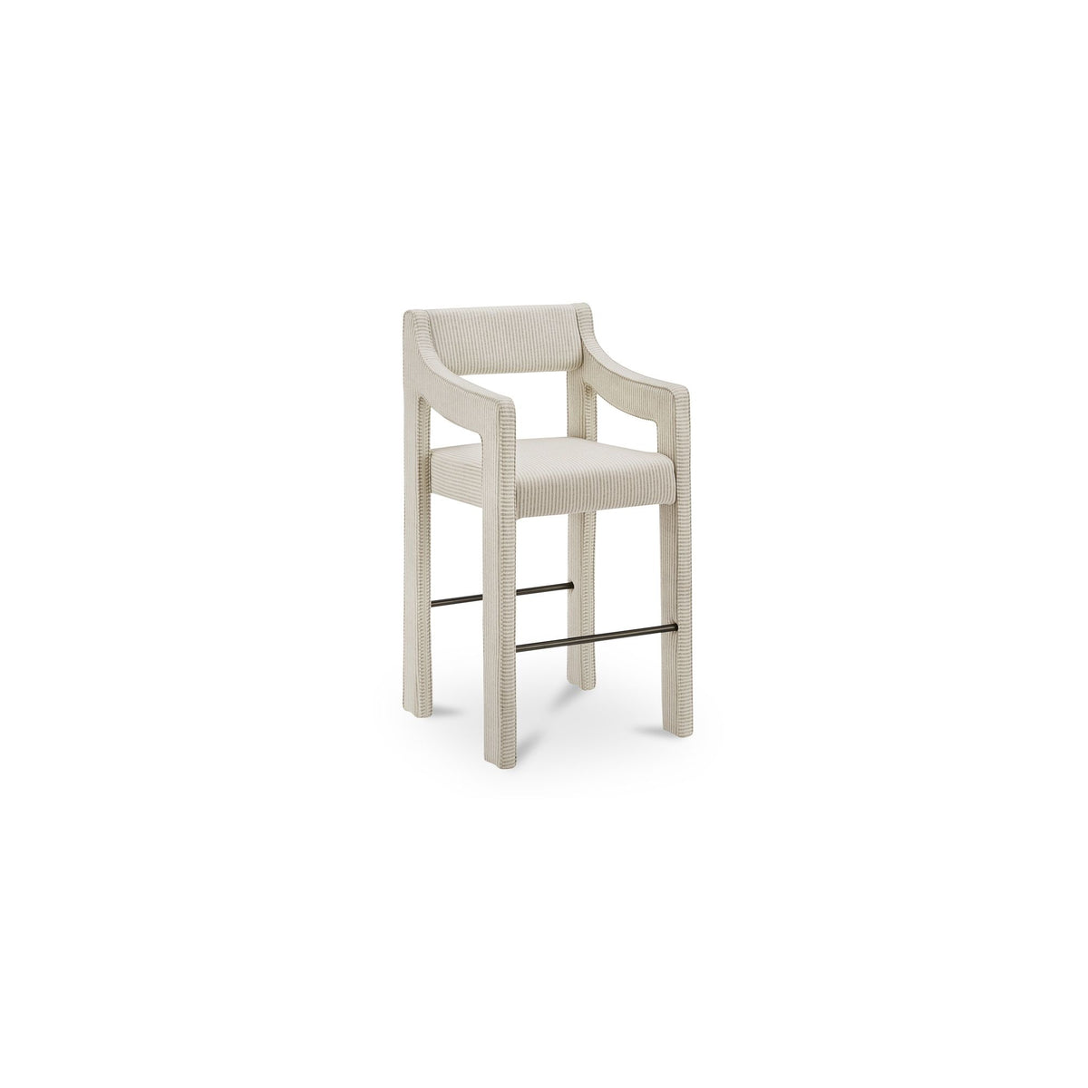 Elise counter stool with curved arms, striped upholstery, and metal footrests