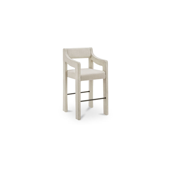 Elise counter stool with curved arms, striped upholstery, and metal footrests