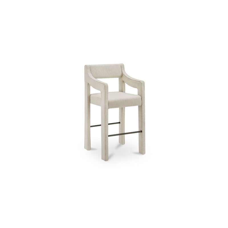 Elise counter stool with curved arms, striped upholstery, and metal footrests