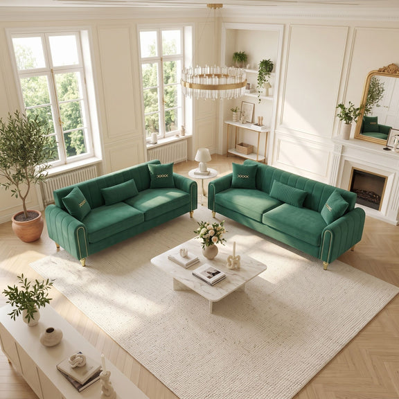 Pair of dark green three-seat sofas with cushioned backs and rounded arms