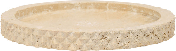 Beige travertine tray side profile with thick rim and scalloped outer edge.
