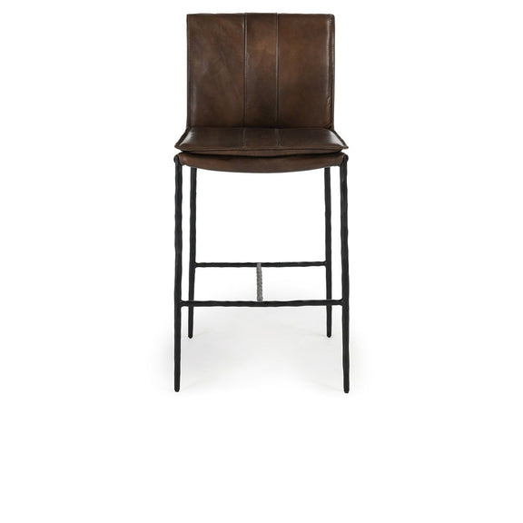 Mayer bar stool with dark brown padded seat and back, black metal legs and footrest