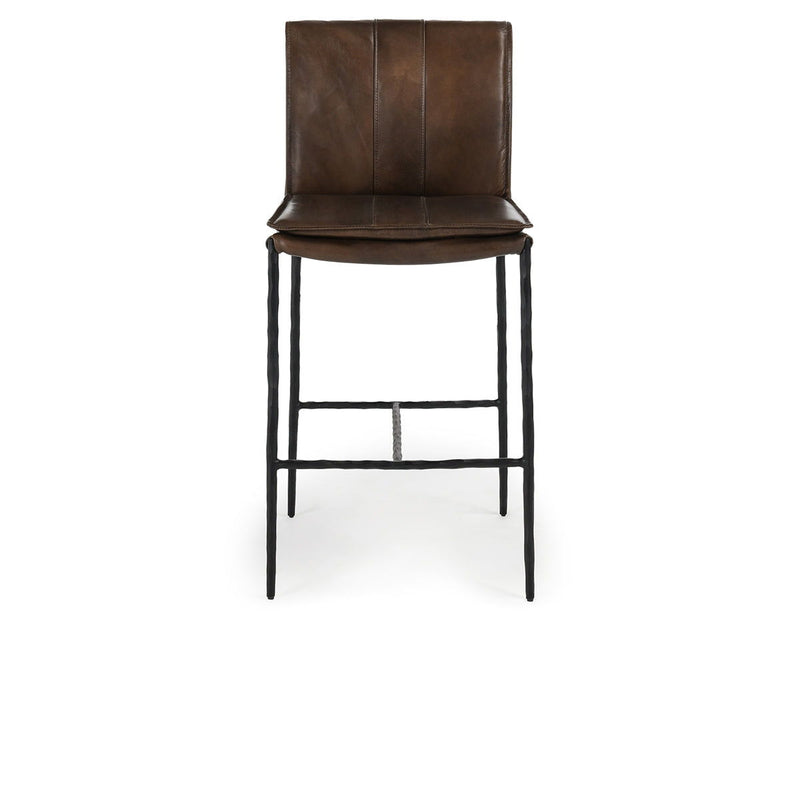 Mayer bar stool with dark brown padded seat and back, black metal legs and footrest