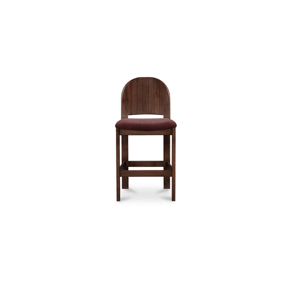 Dark wood counter stool with arched back, berry seat cushion, horizontal footrest