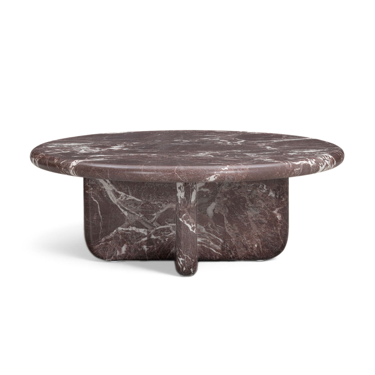 Round dark red coffee table with white veined top and short pedestal support